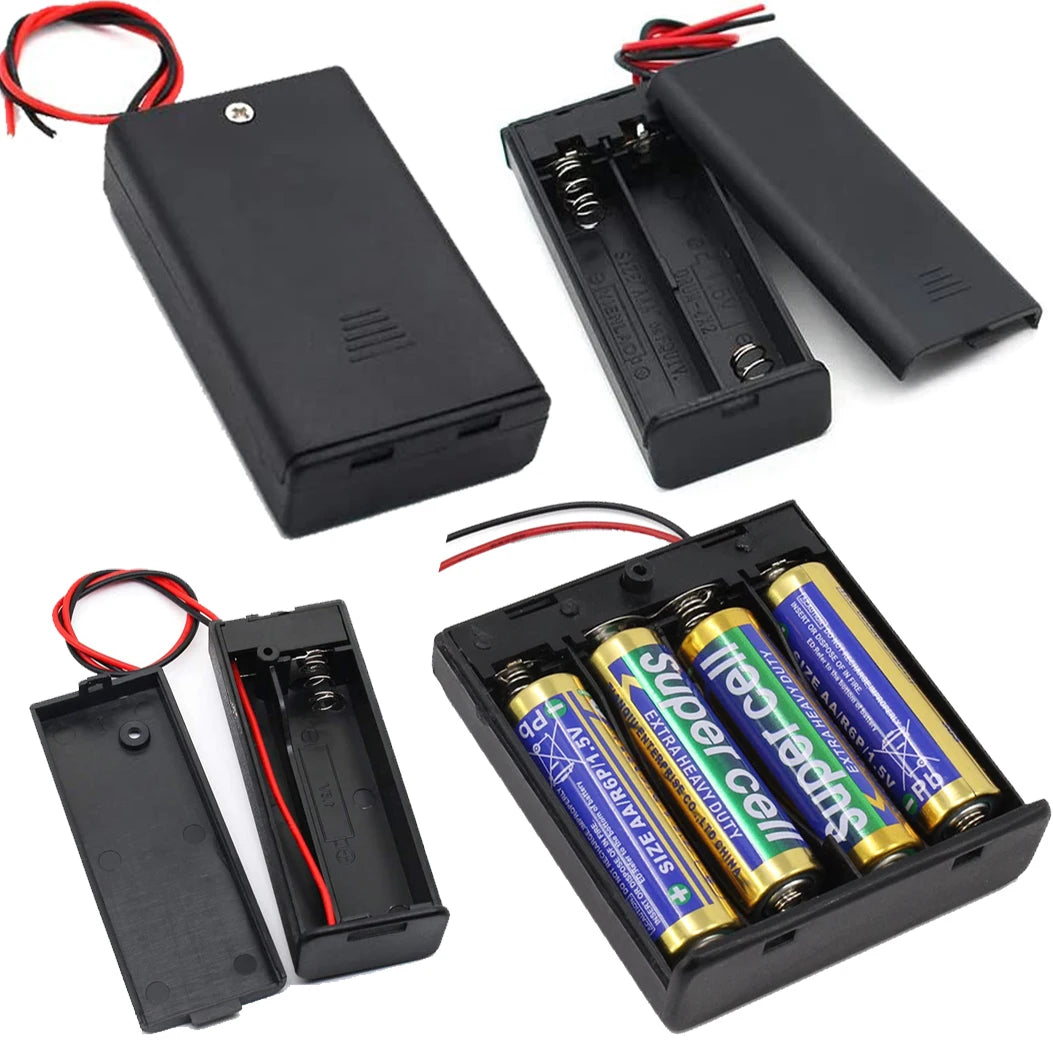 Multi-Slot AA Battery Holder: 1– 4 Slot Box with Leads, Switch & Screw Cap