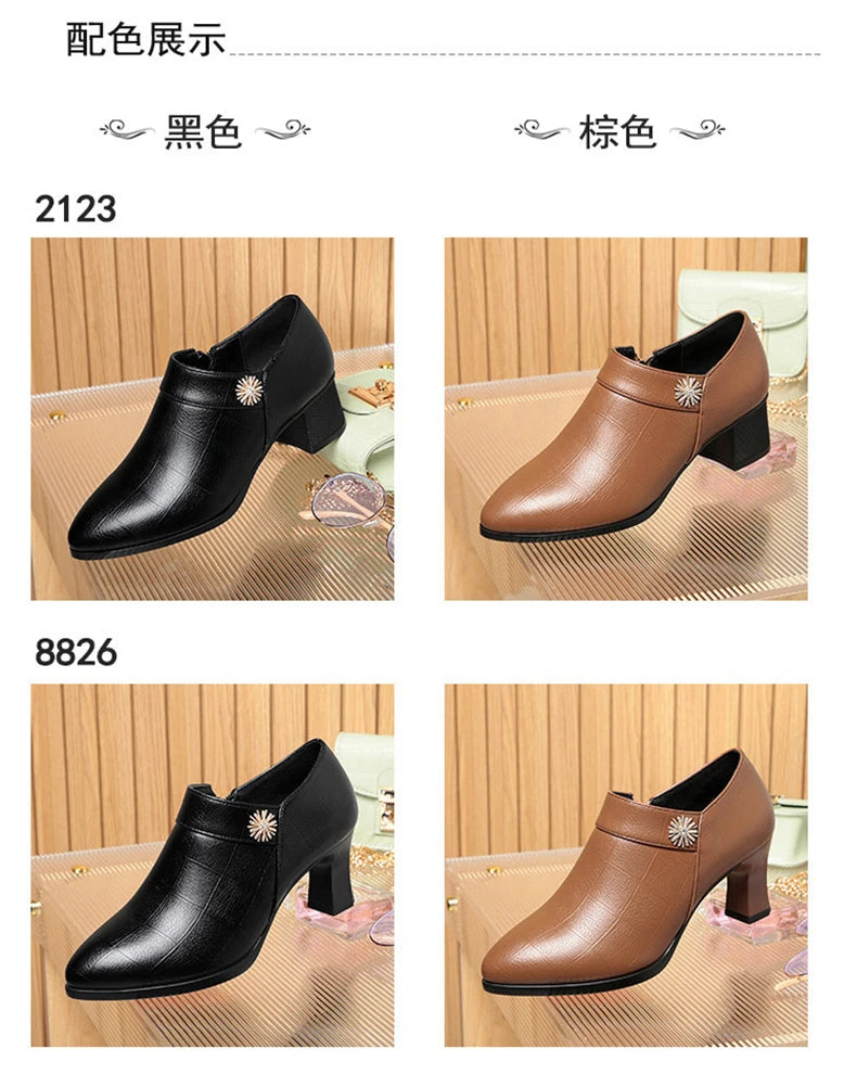 Comfortable Block High Heels Shoes Soft Leather 2024 Spring Autumn Elegant Office Ladies Short Plush Ankle Boots For Mom Model