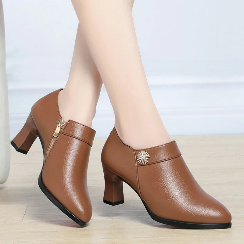Comfortable Block High Heels Shoes Soft Leather 2024 Spring Autumn Elegant Office Ladies Short Plush Ankle Boots For Mom Model