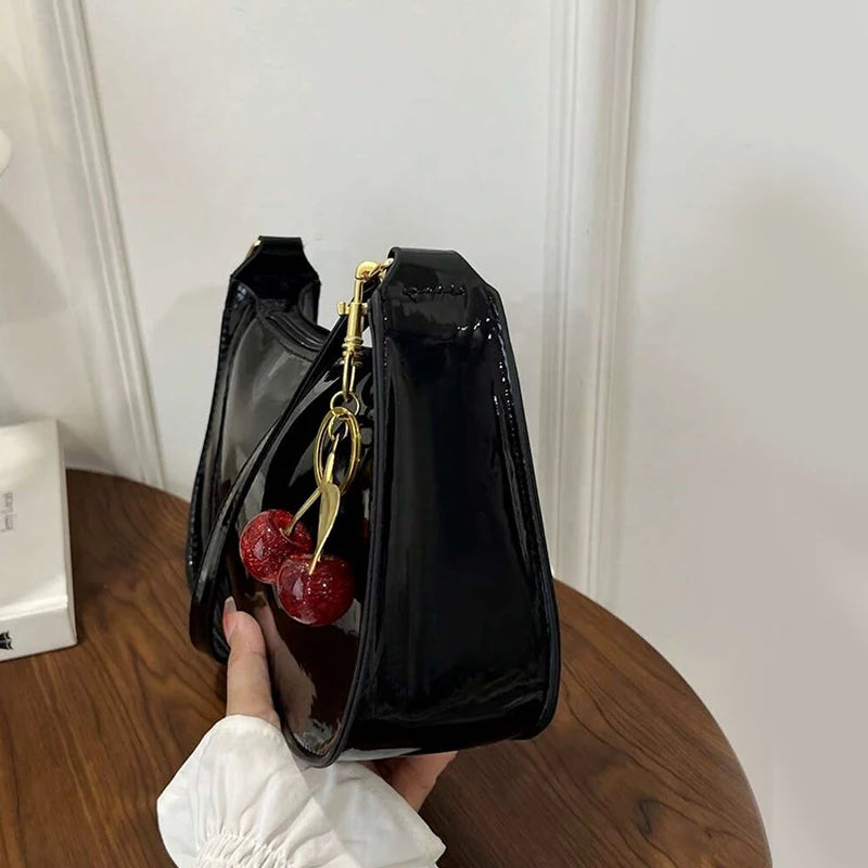 Women's Leather Handbag Versatile Fashion Solid Color Cherry Pendant Shoulder Bag Casual Commuting Bag Girl Underarm Bag