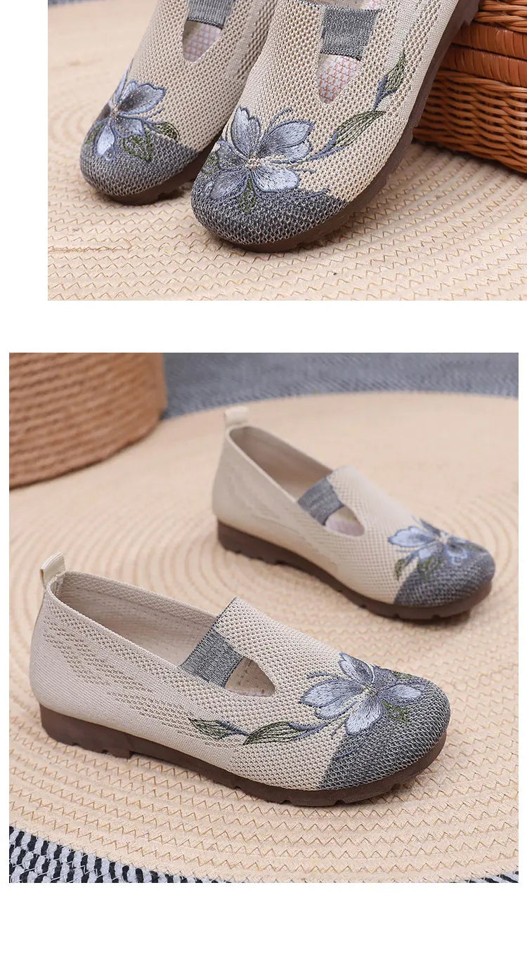 Ladies' summer 2025 breathable soft sole anti-slip mom shoes leisure mesh flat embroidered shoes
