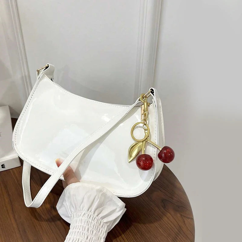 Women's Leather Handbag Versatile Fashion Solid Color Cherry Pendant Shoulder Bag Casual Commuting Bag Girl Underarm Bag