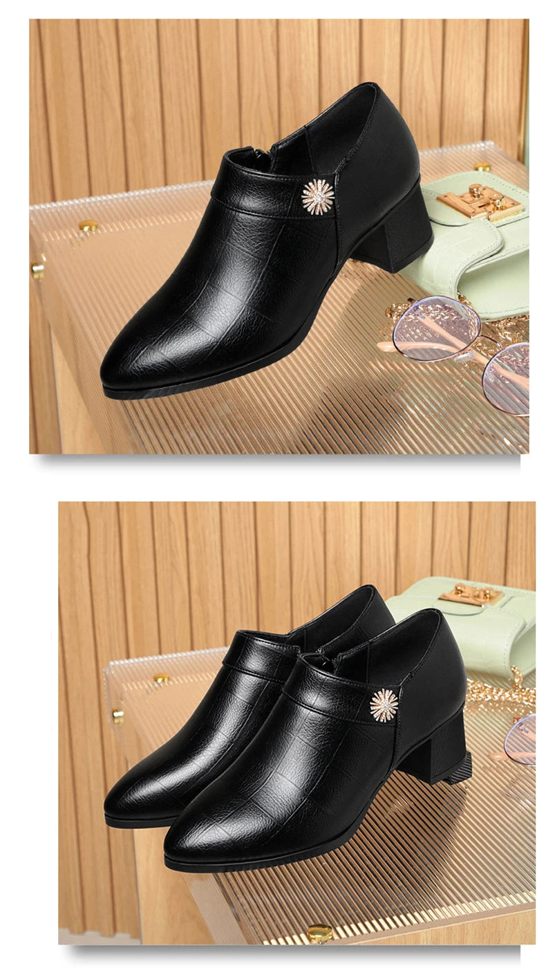 Comfortable Block High Heels Shoes Soft Leather 2024 Spring Autumn Elegant Office Ladies Short Plush Ankle Boots For Mom Model