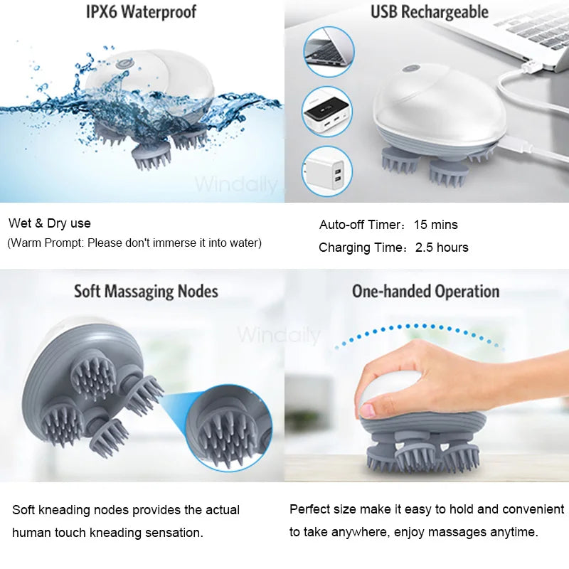 Electric scalp and body massager with kneading and vibration functions, provides deep tissue care for head, shoulder, neck, arms, legs, and pets.
