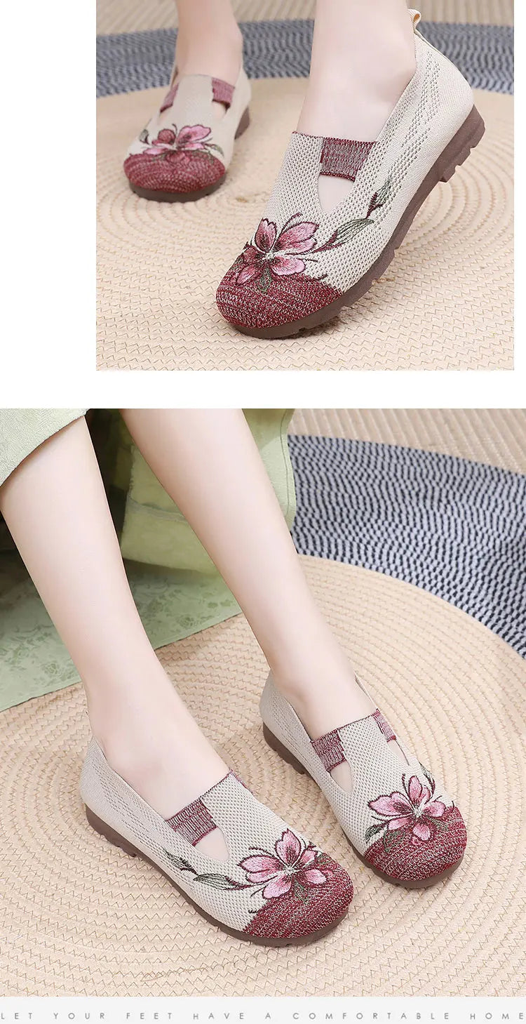 Ladies' summer 2025 breathable soft sole anti-slip mom shoes leisure mesh flat embroidered shoes