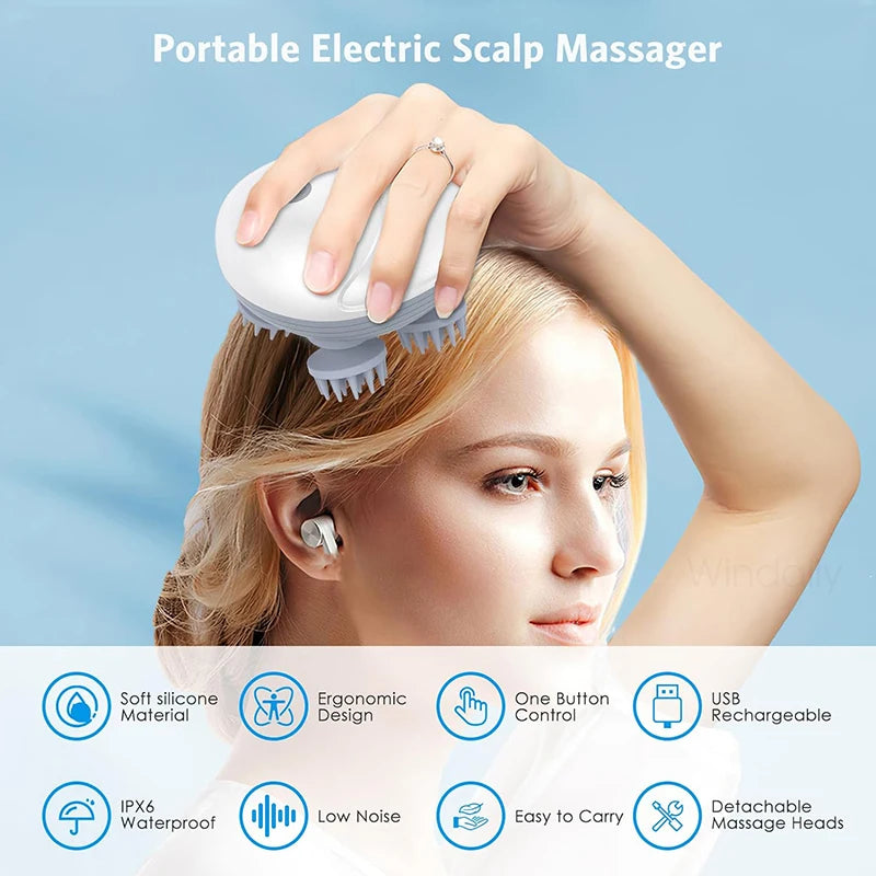 Electric scalp and body massager with kneading and vibration functions, provides deep tissue care for head, shoulder, neck, arms, legs, and pets.