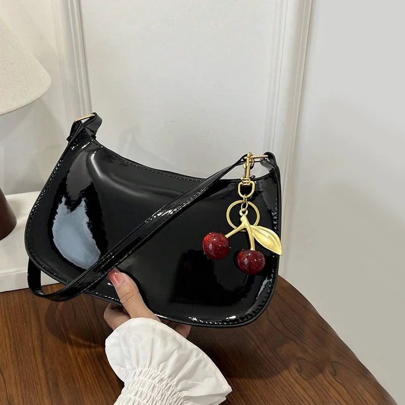 Women's Leather Handbag Versatile Fashion Solid Color Cherry Pendant Shoulder Bag Casual Commuting Bag Girl Underarm Bag