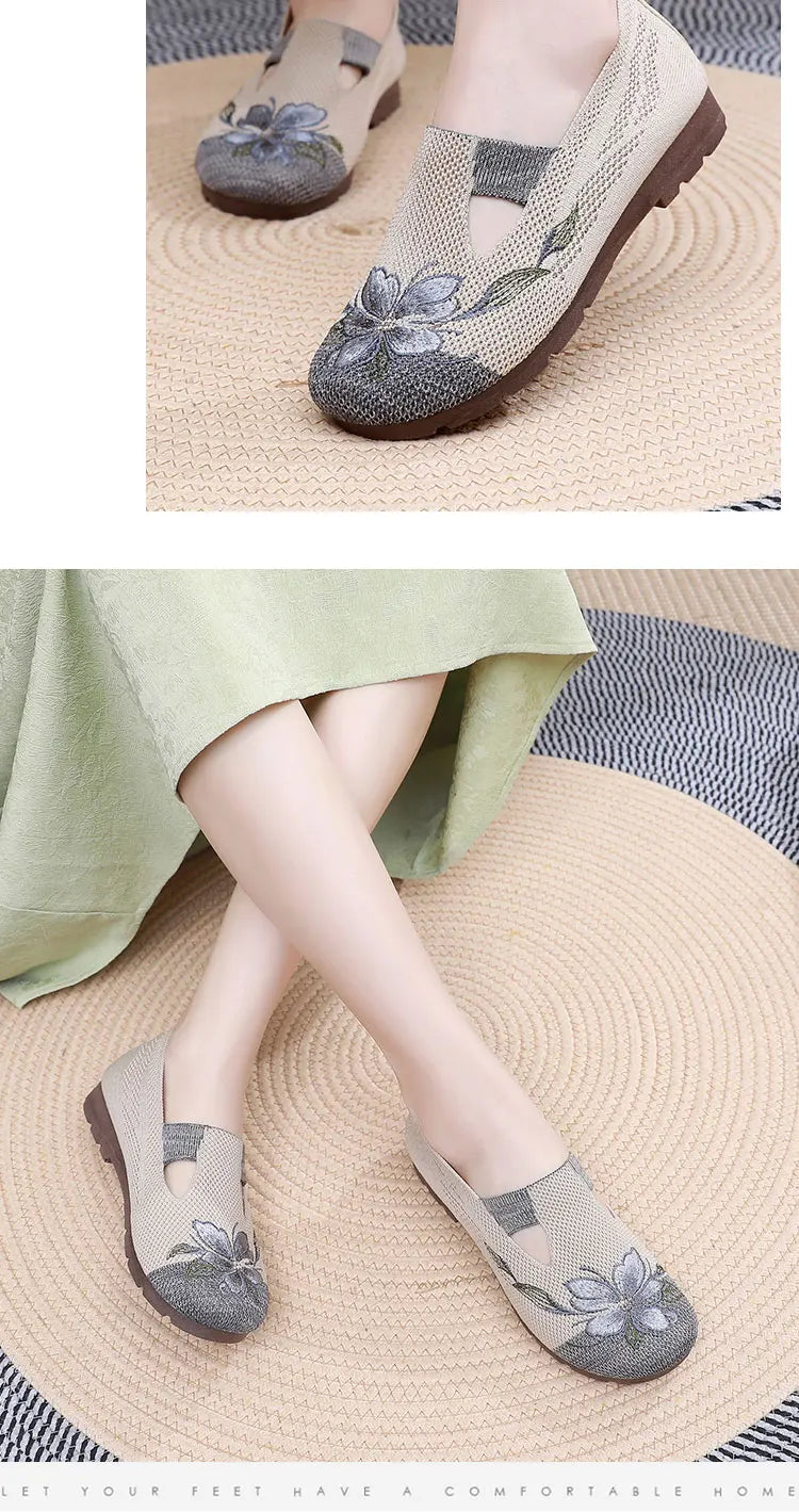 Ladies' summer 2025 breathable soft sole anti-slip mom shoes leisure mesh flat embroidered shoes