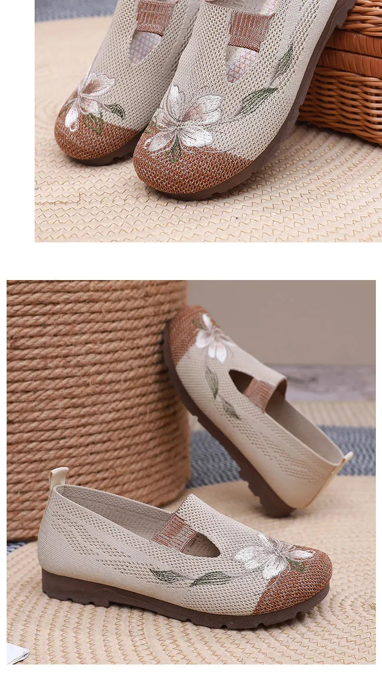 Ladies' summer 2025 breathable soft sole anti-slip mom shoes leisure mesh flat embroidered shoes